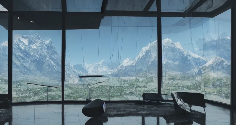 Image similar to looked at big window, architectural, mountains in background, sunny day time, clear sky, futuristic, furnitures, ultra realistic, ultra detailed, cinematic light, anamorphic