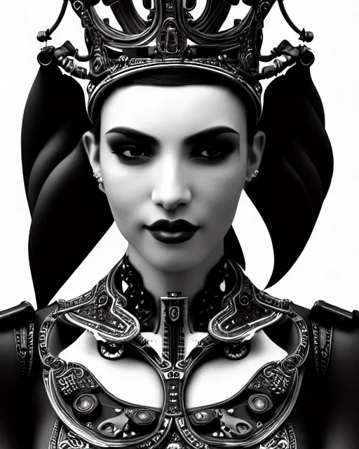 Image similar to black and white side portrait ultra detailed, beautiful female android with steampunk mechanical detailed ornate face, crown, deity, sharp focus, highly detailed global illumination, concept art. 8 k