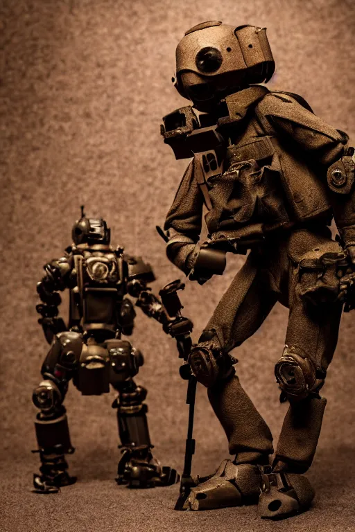 Image similar to a cinematic photo shot of a beautiful 1 : 6 scale threea toys figurine by ashley wood, world war one robot,, intricate dark background, dramatic light