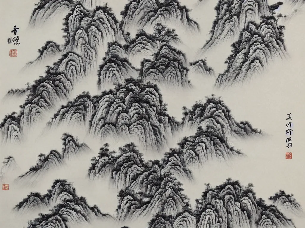 Prompt: Chinese painting, landscape, ink effect