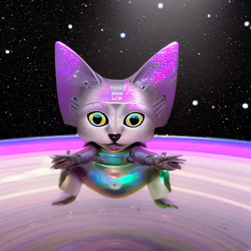 Image similar to 3 d rendered movie still pearlescent robots ( kitten ) in epic outer space battles and disco dance contests on saturn. science fiction, blockbuster movie, imax 7 0 mm, dystopian future, computer - animated science fiction film