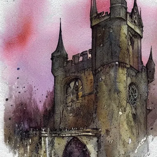 Prompt: (((((((watercolor sketch of Gothic revival castle gatehouse. painterly, book illustration watercolor granular splatter dripping paper texture. pen and ink))))))) . muted colors. by Jean-Baptiste Monge !!!!!!!!!!!!!!!!!!!!!!!!!!!!!!!!!!!!!!!!