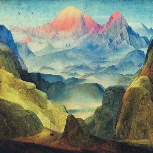 Image similar to a stunning vista in the andes mountains, by bosch and lisa frank