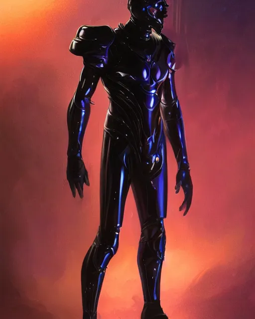 Prompt: character concept of iridescent sinewy smooth muscular male sleek glossy indigo black pearlescent scifi armor with smooth black featureless helmet, made of liquid metal, by greg rutkowski, mark brookes, jim burns, tom bagshaw, magali villeneuve, trending on artstation