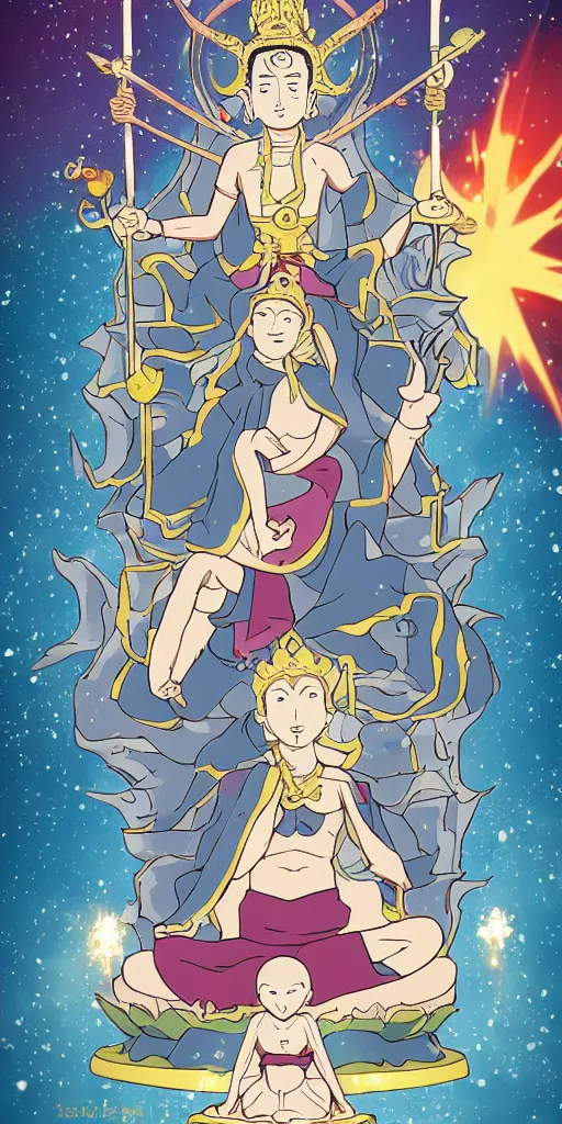 Image similar to buddha sitting on a throne of ice drawn by studio trigger, in the style of Little Witch Academia, spiritual enlightenment, tarot card