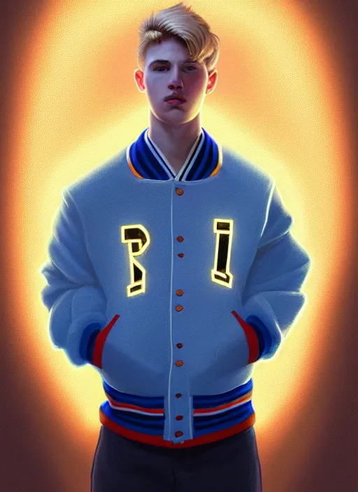 Image similar to portrait of high school senior boy named big moose, blonde short hair, jock, beefy, wide face, square jaw, square facial structure, blue varsity jacket with letter r, intricate, elegant, glowing lights, highly detailed, digital painting, artstation, concept art, sharp focus, illustration, art by wlop, mars ravelo and greg rutkowski