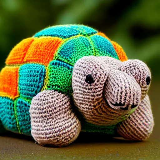 Image similar to a closeup photorealistic smiling knitted cartoonish tortoise.