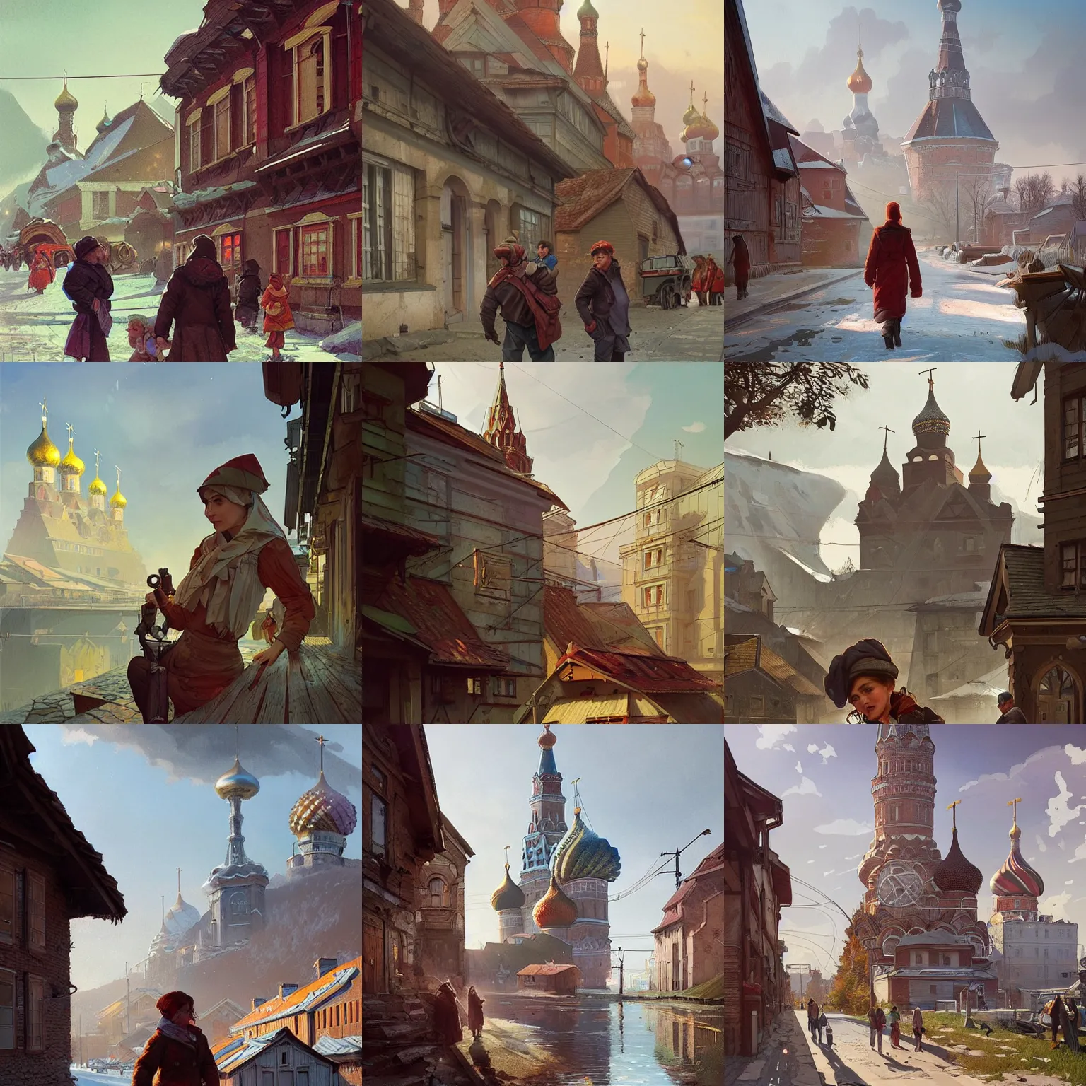 Prompt: russia, village, bright future, social realism, eye view, soviet architecture, highly detailed, digital painting, artstation, concept art, matte, sharp focus, illustration, art by artgerm and greg rutkowski and alphonse mucha