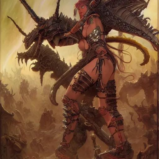 Prompt: art by donato giancola and bayard wu and gustav moreau and wayne barlowe, a fantasy cinematic shot of a sexy beautiful barbarian woman, fighting, warhammer, dnd, fighting monsters, octane render, hyperreal,