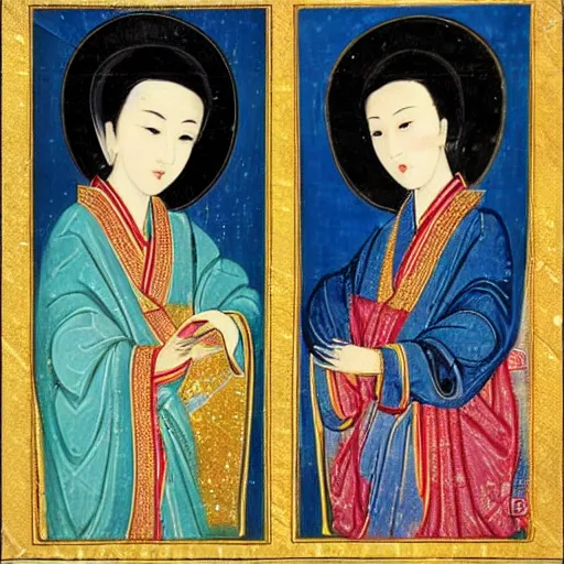 Image similar to portrait of 2 different asian looking girls close up make up looking at each other in iconography style theophanes the greek glitter chinese ornament dress plasticien