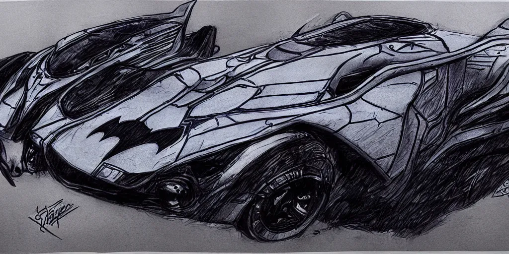 Image similar to ballpoint pen drawing of the batmobile, batman, arkham knight