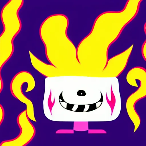 Image similar to kawaii wacky fluffy popcorn with lightning bolt power, yokai, in the style of an adventure time character, with a smiling face and flames for hair, sitting on a lotus flower, white background, simple, clean composition, symmetrical