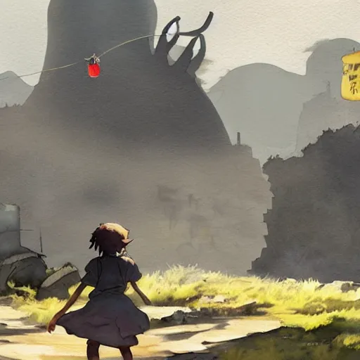 Image similar to incredible wide screenshot, ultrawide, simple watercolor, rough paper texture, made in abyss movie scene, backlit distant shot of girl in a parka running from a giant moster invasion side view, yellow parasol in deserted dusty shinjuku junk town, broken vending machines, bold graphic graffiti, old pawn shop, bright sun bleached ground, mud, fog, dust, windy, scary robot monster lurks in the background, ghost mask, teeth, animatronic, black smoke, pale beige sky, junk tv, texture, dusty, dry, pencil marks, genius party,shinjuku, koji morimoto, katsuya terada, masamune shirow, tatsuyuki tanaka hd, 4k, remaster, dynamic camera angle, deep 3 point perspective, fish eye, dynamic scene