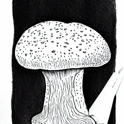 Image similar to mushroom, sketch, illustration, cross hatched, black ink on white paper