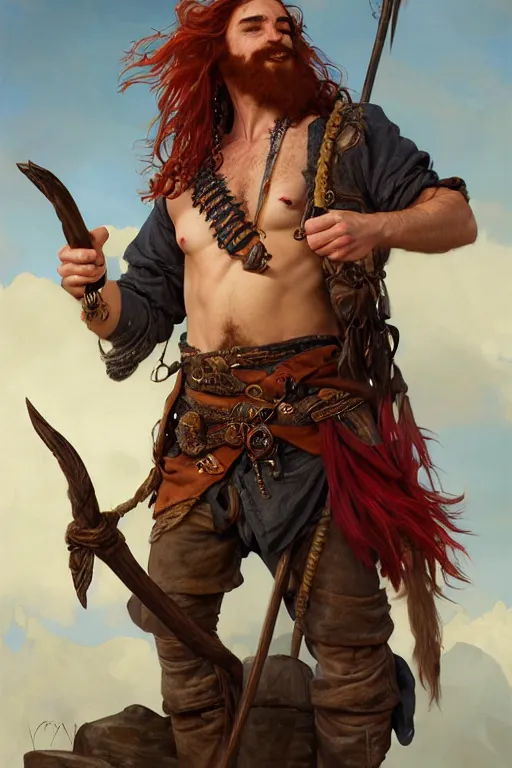 Prompt: portrait of a young ruggedly handsome but joyful pirate, male, masculine, full body, red hair, waist long hair, d & d, gold earring, fantasy, intricate, elegant, highly detailed, digital painting, artstation, concept art, matte, sharp focus, illustration, art by artgerm and greg rutkowski and alphonse mucha