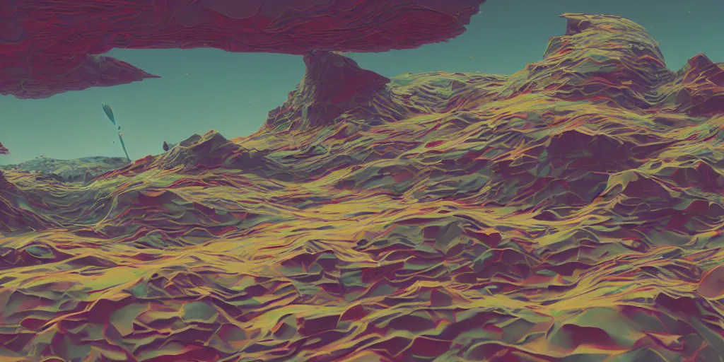 Image similar to abstract 3d landscape painting at noon by james jean and David Schnell painted in no mans sky style, redshift, octane