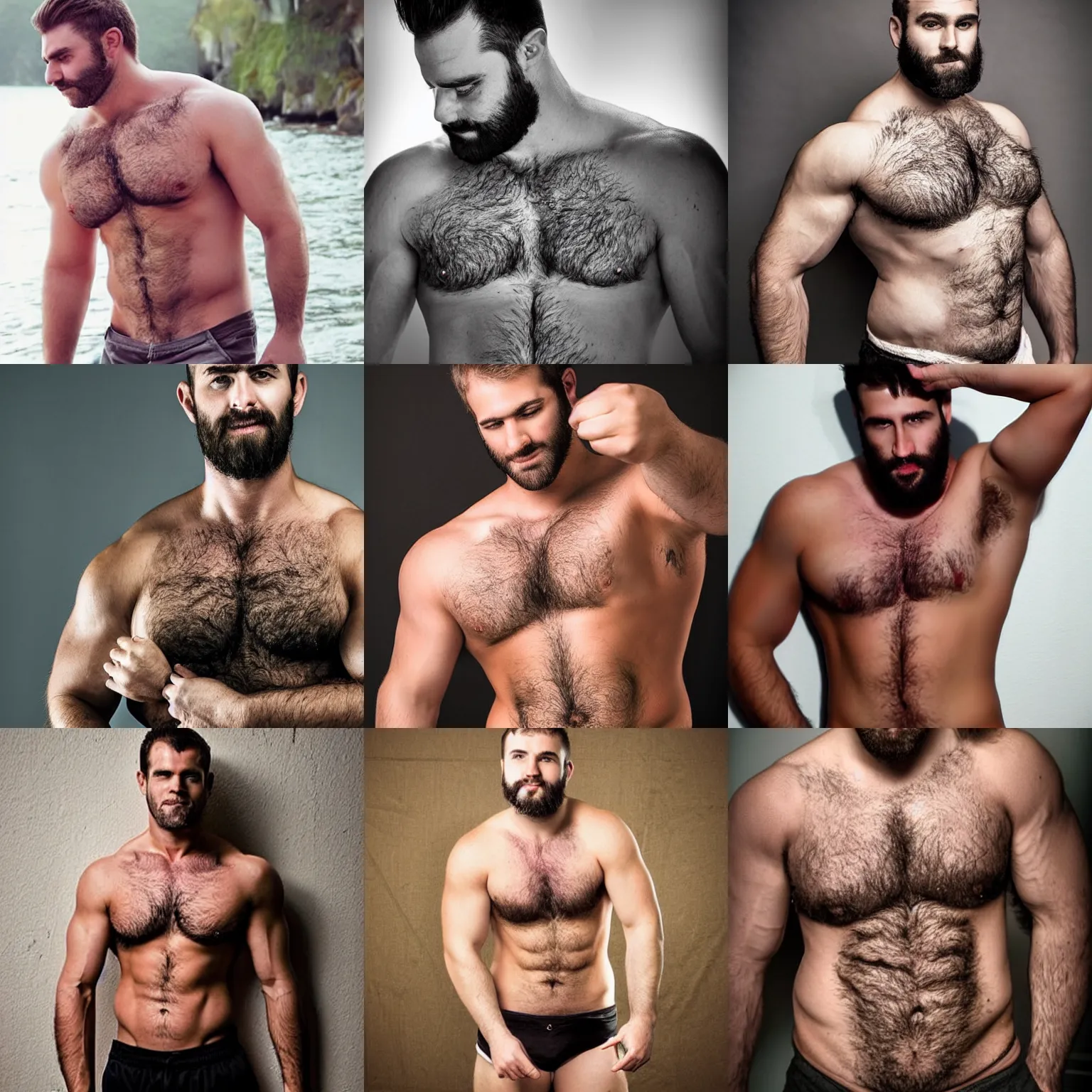 Prompt: manly love, body hair, thick muscles, photography