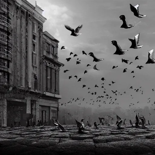 Prompt: pigeons bombing the city of Athens, black and white, extremely high detail, photorealistic, cinematic lighting, artstation, octane render, art by Zdzisław Beksiński