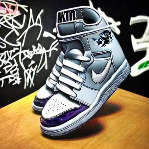 Prompt: realistic sculpture of air jordan sneaker! design, sneaker design nike mag from back to the future ii, mixed with subway graffiti art, focus on sneakers only, shoes designed by akira toriyama and studio ghibli
