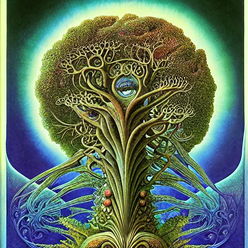 Image similar to sacred mulberry tree by roger dean and andrew ferez, art forms of nature by ernst haeckel, divine chaos engine, symbolist, visionary, art nouveau, botanical fractal structures, tree of life, lightning bolts, detailed, realistic, surreality