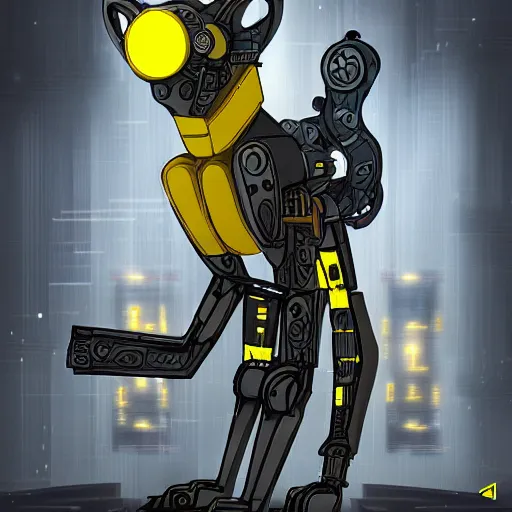 Prompt: a mechanical fox, hydraulic joints, yellow and white construct, stylised cyberpunk, digital fantasy art