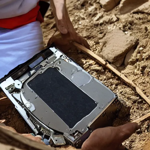 Image similar to Archeologists uncovering an ancient computer hard drive from 10,000 years ago