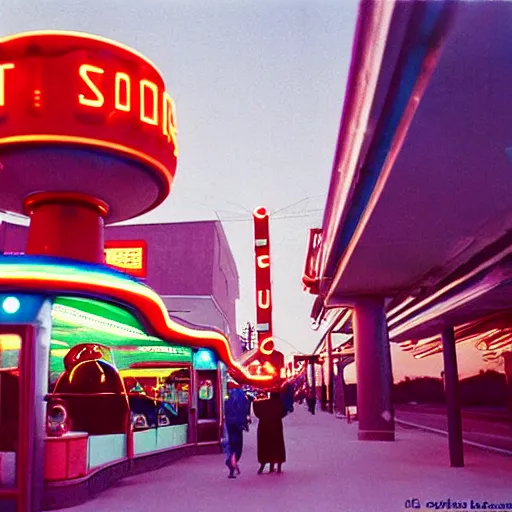 Prompt: space station city in outer space with route 6 6, americana architecture, neon signs, happy people walking and retro robots, huge glass windows, stars, wide angle photo, detailed, kodachrome