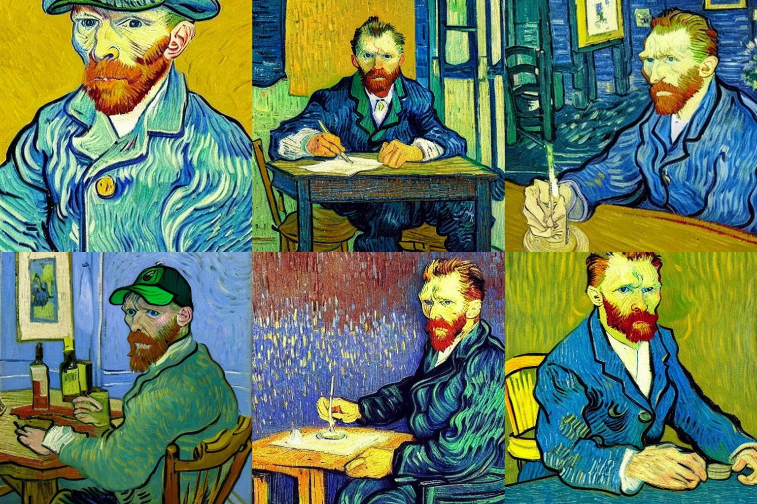 Prompt: An impressionist painting of Van Gogh sitting at a lighted table wearing a Seattle Seahawks sweatshirt and cap in the style of Van Gogh