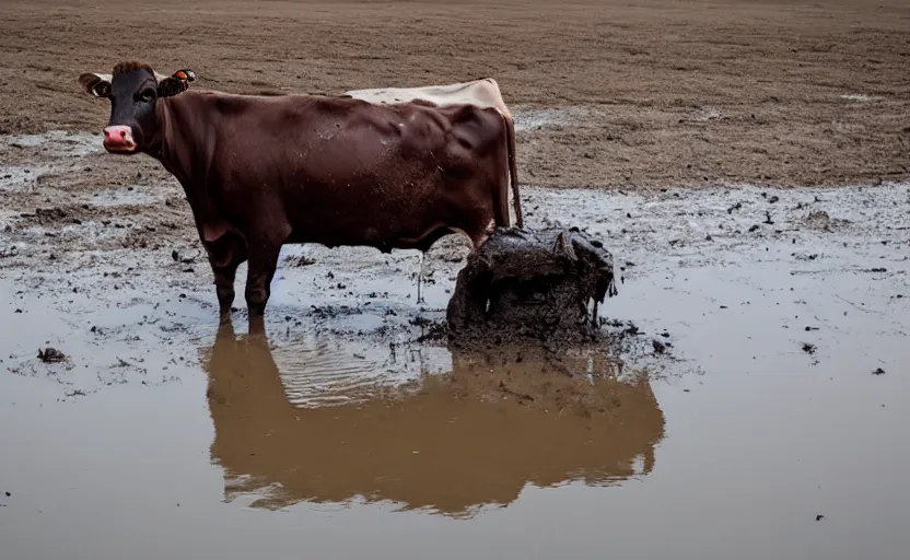 Prompt: a cow stuck in mud, minimalist photography