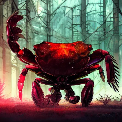 Prompt: a huge cyberpunk crab in the Forest, Concept art, digital art, well detailed, trending on artstation, by Stephen king, 8k, Lovecraft, horror