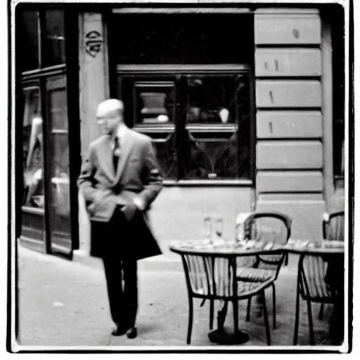 Prompt: grainy abstract expired film photo of a gentleman drinking coffee, 1960s Paris by Henri Cartier-Bresson, 50mm lens cinematic, black and white filter