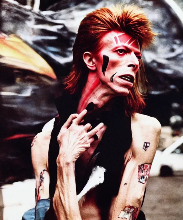 Image similar to a color photograph of david bowie, by nan goldin, intense, bold, exaggerated, overblown, hyperrealistic, ultra sharp, extra details, ultra high quality, trending on pinteresst