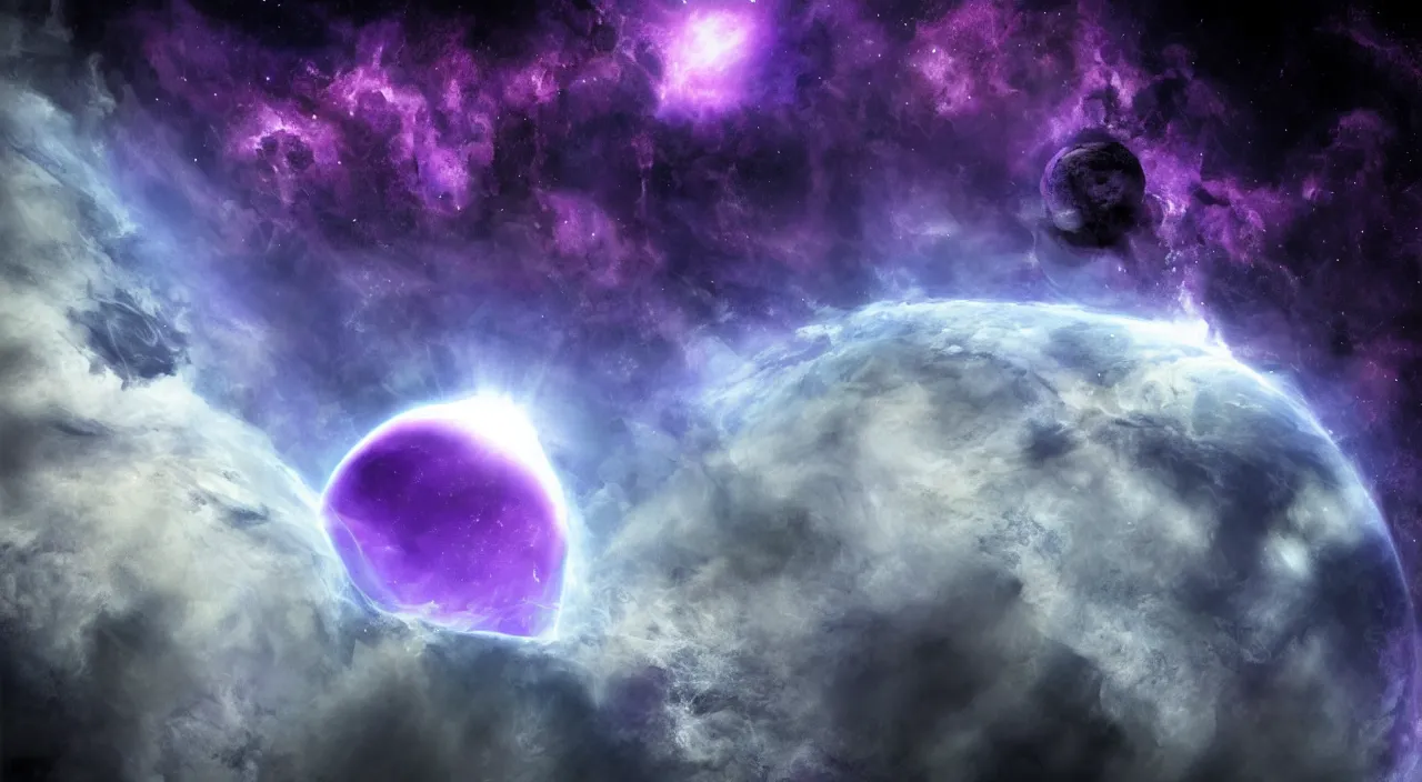 Image similar to a beautiful deep purple planet floating in the vast darkness of space, digital art, photorealistic, detailed