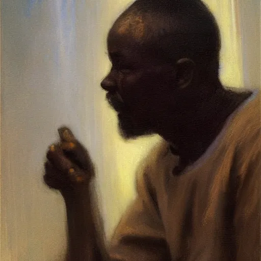 Prompt: a painting of a thinker, thoughtful, focused, visionary, calm, jovial, loving, daddy/fatherly, generous, elder and his on from Kenya by Henry Ossawa Tanner . dramatic angle, ethereal lights, details, smooth, sharp focus, illustration, realistic, cinematic, artstation, award winning, rgb , unreal engine, octane render, cinematic light, macro, depth of field, blur, red light and clouds from the back, highly detailed epic cinematic concept art CG render made in Maya, Blender and Photoshop, octane render, excellent composition, dynamic dramatic cinematic lighting, aesthetic, very inspirational, arthouse.