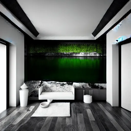 Image similar to a black and white photo of a room with green water, a detailed matte painting by peter zumthor, behance, abstract art, matte painting, behance hd, matte background