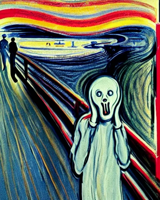 Image similar to a painting of ghostface in the scream by edvard munch