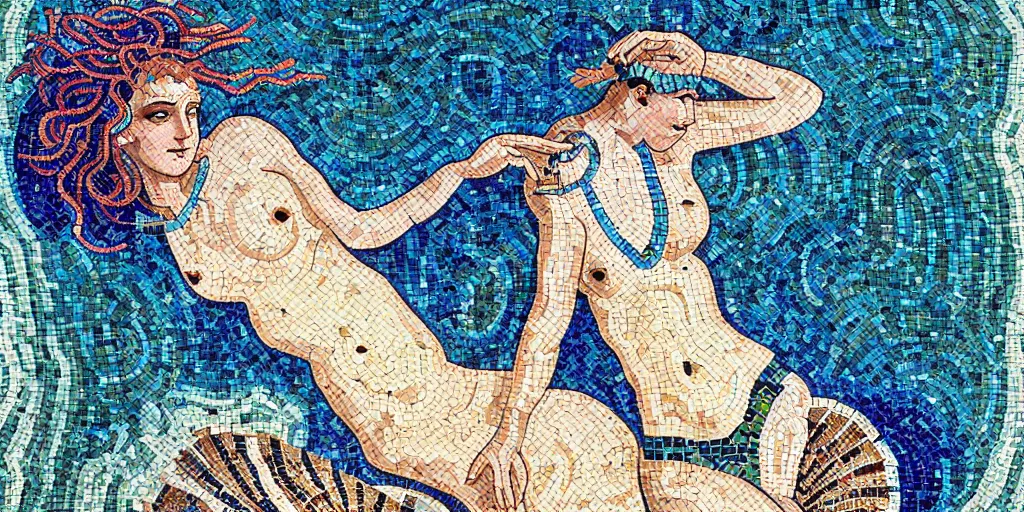 Prompt: ancient roman mosaic of bluehair mermaid with a shell bikini on sea floor, illustration by moebius, victo ngai, clean thick line, mosaic style