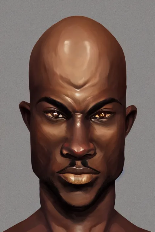 Prompt: Ogun and his knives, ancient orisha, African Warrior God of Craftsmen and Hunters, bronze-brown skin with masculine features - strong jaw line, bald head and menacing look, medium shot digital illustration trending on artstation by artgerm and raphaelite, face by wlop, detailed and concise