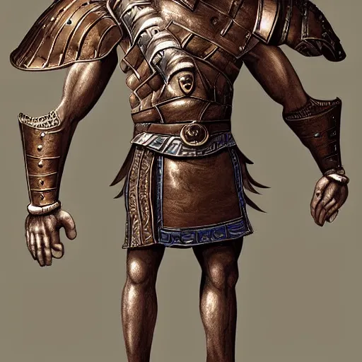 Prompt: a tall giant with arms that dangle all the way down to his feet, he is wearing a bronze chest plate and a Viking helmet. Epic digital art