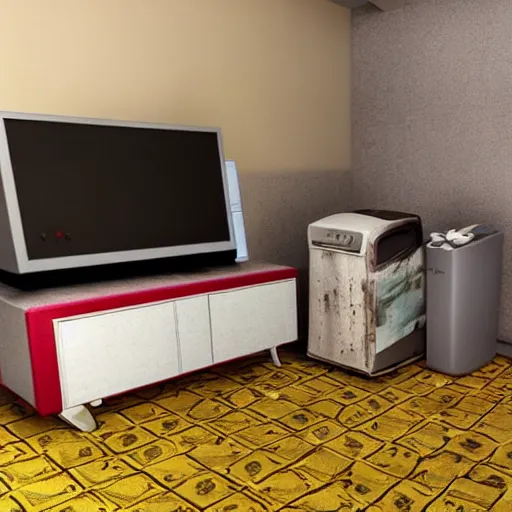 Prompt: very dark 1990s style retro bedroom, dimly lit by a CRT television, clustered with rubbish all over the floor, in the style of anime, highly detailed render