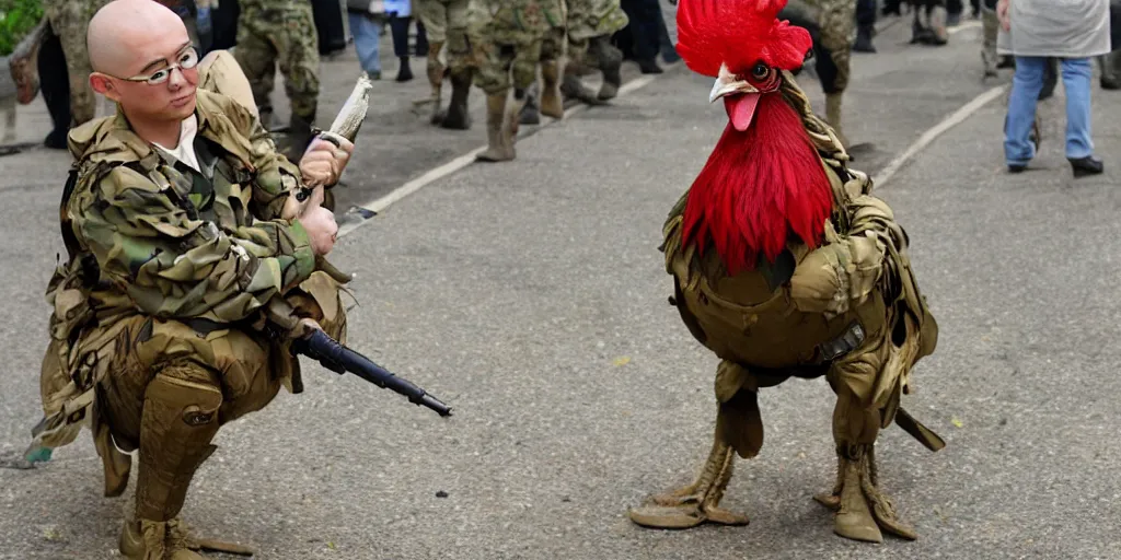 Prompt: a rooster wearing a military uniform. cosplay, full character