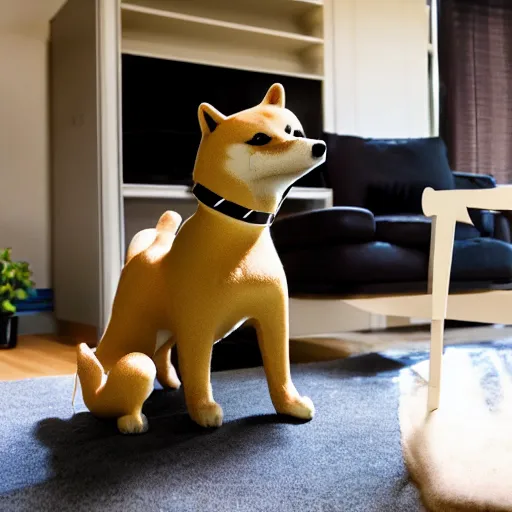 Image similar to doge the shiba - inu as a futuristic robot made of metal and carbon - fiber, in a sunny suburban living - room.