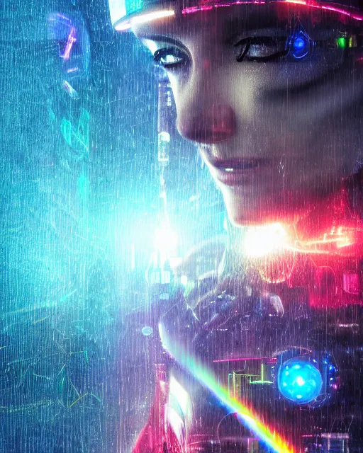 Prompt: a cyberpunk close up portrait of enchanting cyborg athena, electricity, rainbow, sparks, bokeh, soft focus, sparkling, glisten, water drops, cold, dark, geometric, temples behind her, by paul lehr, jesper ejsing