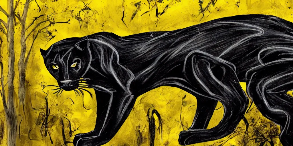 Image similar to a panther, made of smooth black goo, prowling through the forest, viscous, sticky, full of tar, covered with black goo. concept art, painting, animal drawing, color, savanna, wildlife photography, black goo, cinematic, in the style of research drawings