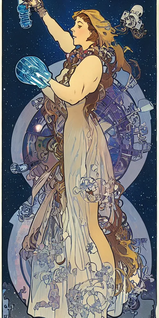 Image similar to a woman wearing outer space as a dress and pouring water from a vase into the milky way, by joe madura, by alphonse mucha, battle chasers.