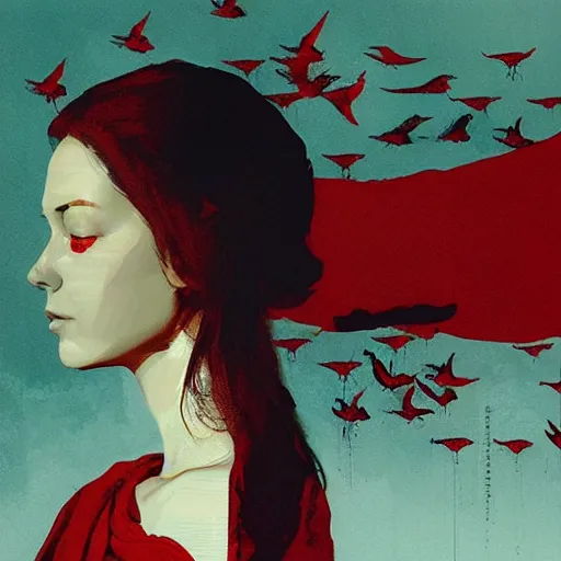 Image similar to portrait of a daydreaming melancholic latin woman in red monk habit being progressively rasterized into pixels from another world, she is surrounded by digital birds, oil on canvas by yoji shinkawa, esao andrews, dave mckean and stina persson