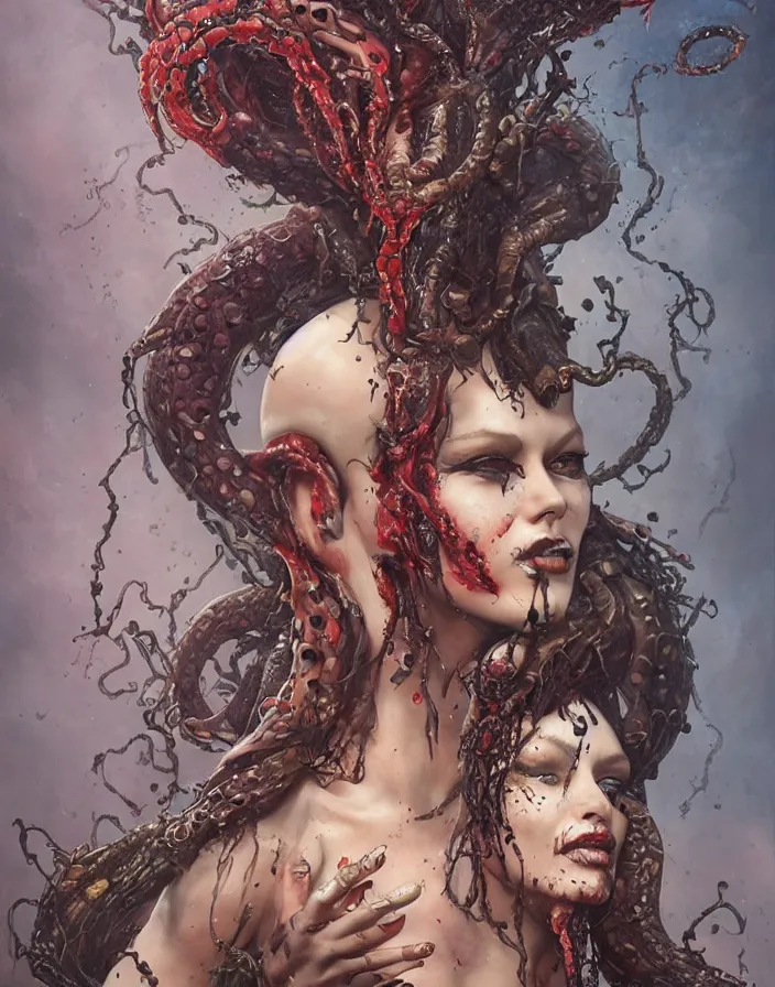 Image similar to a splatterpunk portrait of a gorgon woman with flaming snakes for hair, hyperrealistic, award-winning, in the style of Tom Bagshaw, Cedric Peyravernay, Peter Mohrbacher