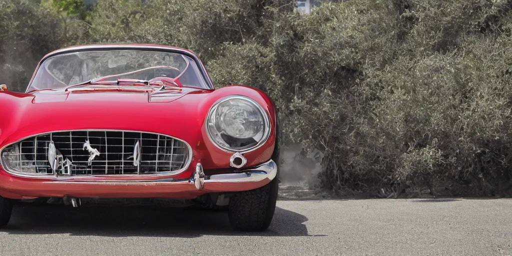 Image similar to photograph, 1958 FERRARI 250 GT, by Peter Singhof, press release, cinematic, PCH, california coast, 8k, depth of field, bokeh.