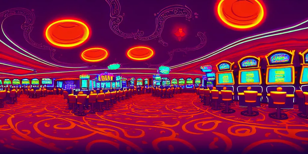 Image similar to extreme wide angle curly perspective digital art of indoor casino with a stage pale colors by anton fadeev from nightmare before christmas