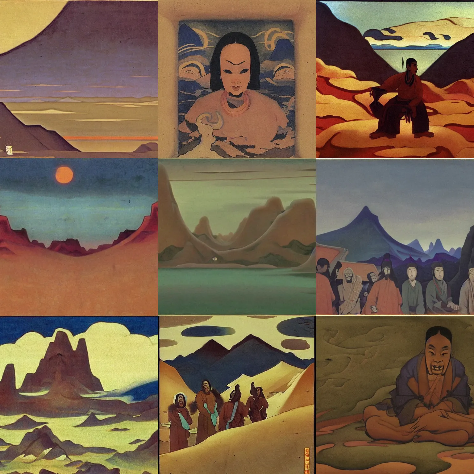 Prompt: Something about the scene reminded me of the strange and disturbing Asian paintings of Nicholas Roerich, and of the still stranger and more disturbing descriptions of the evilly fabled plateau of Leng which occur in the dreaded Necronomicon of the mad Arab Abdul Alhazred